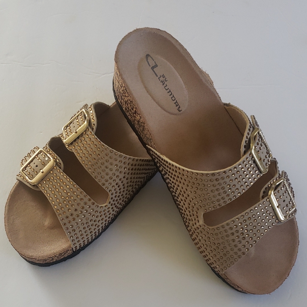 CL by Laundry Women's Gold and Tan Studded Mules